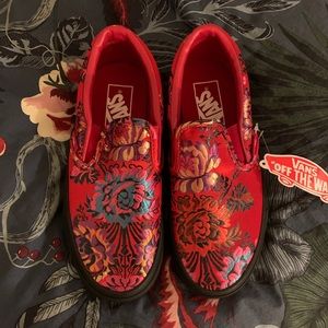 Vans red satin slip ons